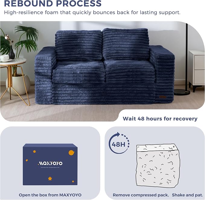 MAXYOYO Boneless Loveseat Sofa Couch for Adults, Floor Bean Bag Couch Sofa | Faux Fur Sofa with Armrests and Back Support, Plush Foam Filled Lounge Couch, Cozy Bean Bag Couch for Living Room, Apartment