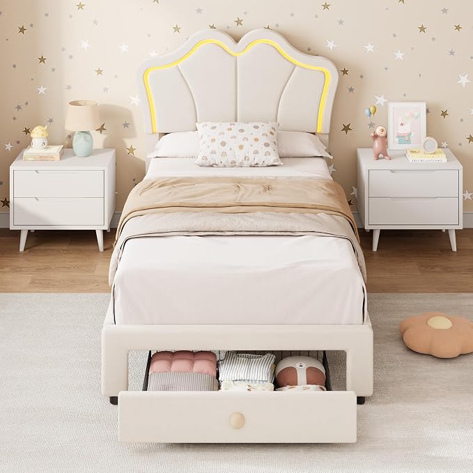 Garvee Twin Bed Frame with Storage, Upholstered LED Bed Frame with Headboard, Cute Velvet Platform Bed Frame for Kids, Girls, Solids Wood Slats Support, No Box Spring Needed, Easy Assembly, White