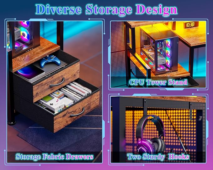 Furologee 55" Gaming Desk with LED Lights & USB-C Port, Reversible Computer Desk with Monitor Stand, Storage Shelves & 2 Fabric Drawers, Home Office Desk with Power Outlets & Hooks, Rustic Brown