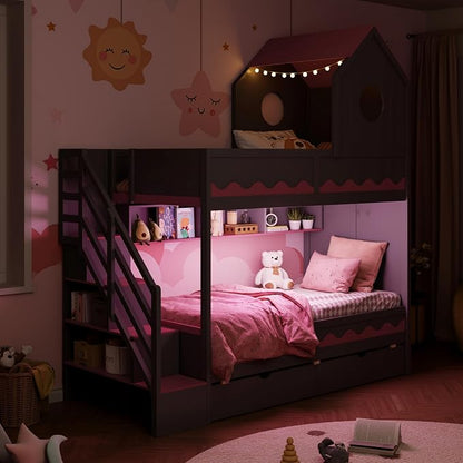 Virubi Twin House Bunk Bed with Stairs and Drawers,Wood Castle Bed with Storage Drawers Shelves& LED Lights (Twin Over Twin,Grey)