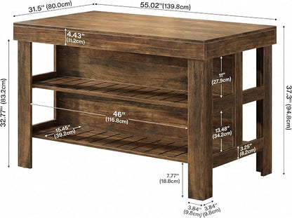 Tribesigns 55.1-Inch Kitchen Island with Seating and Storage, 3-Tier Large Farmhouse Island Table with Large Countertop and Leg Room for Kitchen Dining Room (deep Brown)