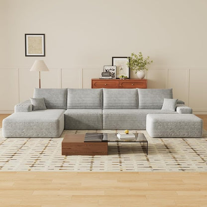 135" U Shaped Sectional Couch with Ottoman, Large Sectional Couches for Living Room, Plush Corduroy Convertible Sleeper Sofa, Compressed Foam Sofa in a Box No Assembly, Left Facing Chaise, Grey