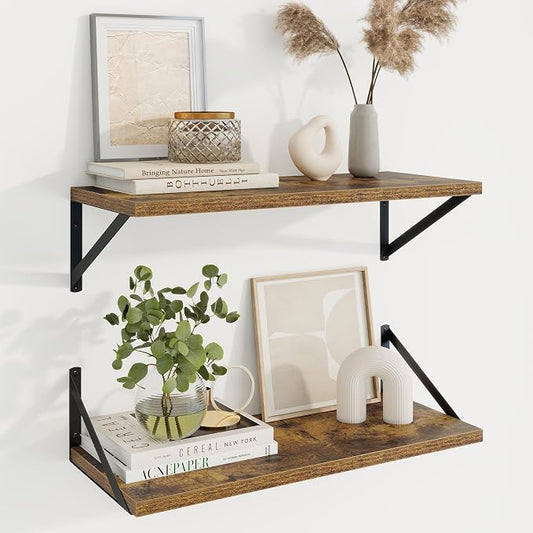 Axeman Deep Floating Shelves | 24 Inch Brown Wall Shelves Set of 2 | 10 Inch Deep Wood Floating Shelves for Wall | 24" W x 10" D Rustic Brown Shelves for Living Room Bathroom Kitchen