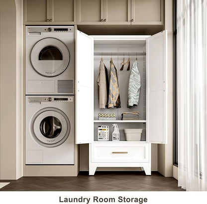 QINPTWUT 71" Tall Metal Wardrobe with Doors, Hanging Rod & Adjustable Shelf, Freestanding Steel Armoire for Bedroom Home Office, 1-Drawer White