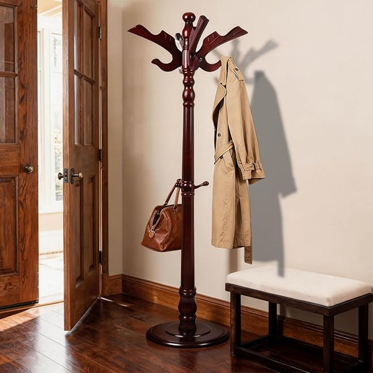 Wooden Coat Rack Freestanding with 11 Hooks, Adjustable Height Coat Tree Free Standing Heavy Duty for Entryway, Easy Assembly Solid Wood Sturdy Coat Hats Hanger Stand for Office Hallway Bedroom