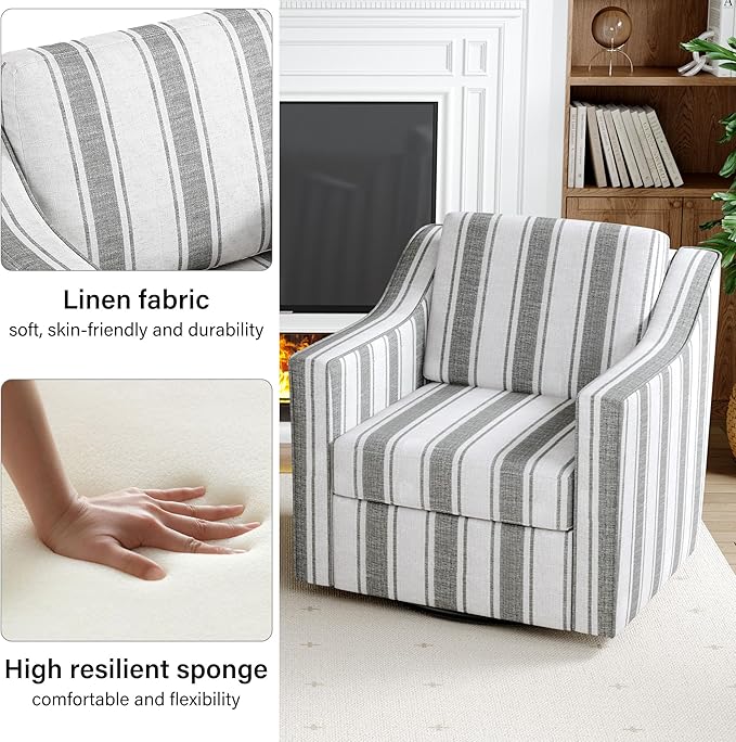 Swivel Accent Chair, Modern Round Barrel Arm Chair for Living Room, Bedroom, Comfy Club Reading Chairs for Adults (Stripe Grey, Set of 1)