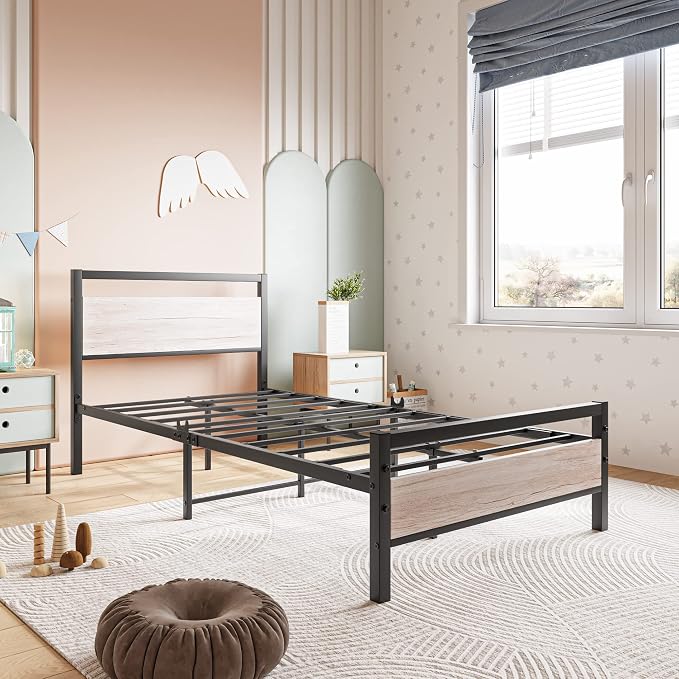 BOFENG Twin Bed Frame with Wood Headboard Farmhouse Bed,Heavy Duty Metal Platform Bed Frames No Box Spring Needed,Firm Mattress Foundation Steel Slat Support Easy Assembly(Natural Oak)