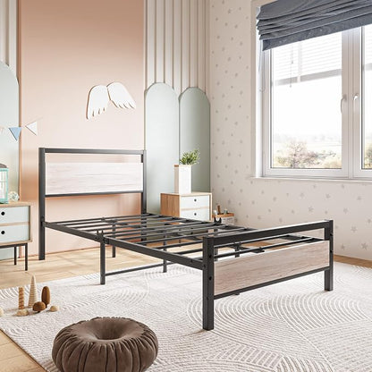 BOFENG Twin Bed Frame with Wood Headboard Farmhouse Bed,Heavy Duty Metal Platform Bed Frames No Box Spring Needed,Firm Mattress Foundation Steel Slat Support Easy Assembly(Natural Oak)