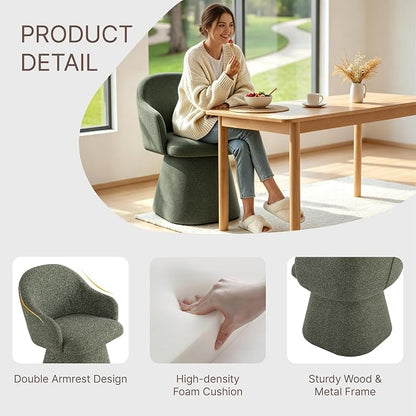 KISLOT Swivel Dining Chairs Set of 1, Upholstered Modern Barrel Dining Chairs with 360° Swivel Base, Chenille Velvet Fabric Accent Kitchen Chairs with Arms, Padded Dining Room Chairs, Green