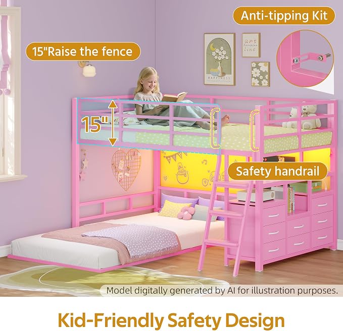 busyaeh Bunk Bed Twin Over Twin 8 Drawer & 4 Shelve, 15" H Safety Guardrail | bunk Bed with Desk, Low bunk bed with LED Lights & Charging Station,L-Shaped Bunk Beds with Stairs,Girls bunk bed,Pink