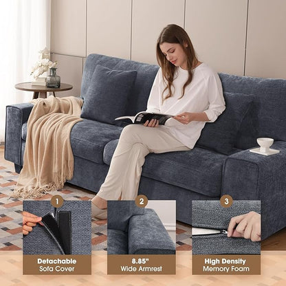 DOPEDIO Modern Living Room Sofa Set, 88.58" Chenille Loveseat with 2 Accent Chairs, Removable Covers, Spring Cushions, Solid Wood Frame, Easy Assembly（88.58inch+2 Single,Blue）