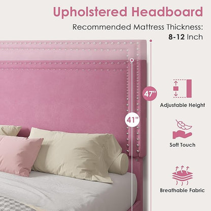 VECELO Queen Size Upholstered Bed Frame with 4 Storage Drawers, Adjustable Velvet Rivet Decor Headboard, Wooden Slats Platform Support, No Box Spring Needed, Easy Assembly,Pink