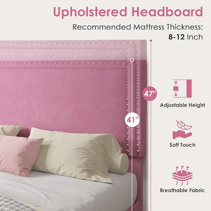 VECELO Queen Size Platform Bed Frame with Height Adjustable Upholstered Headboard, Modern Mattress Foundation,Strong Wood Slat Support, No Box Spring Needed, Easy Assembly,Pink