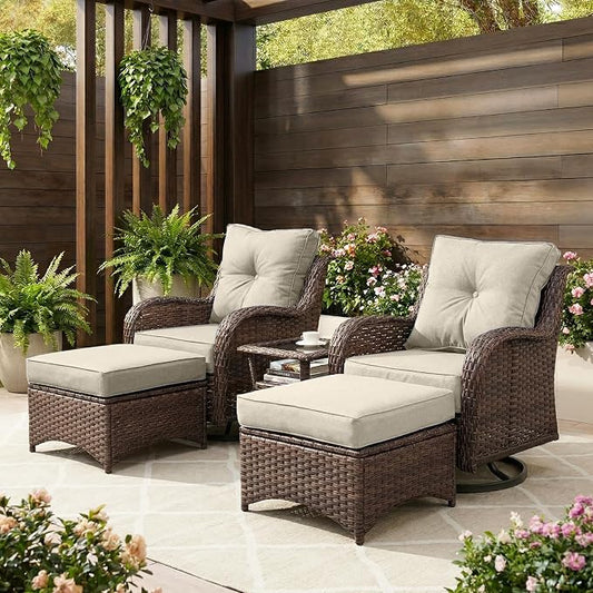 Patio Furniture Set, 5PCS Outdoor Wicker Conversation Set with 6" Thick Cushions, High Back Swivel Rocker Chairs, Weather Resistant Olefin Fabric for Garden, Poolside, Beige