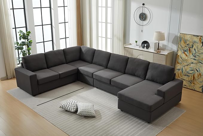 Ball & Cast 147" L-Shaped Sectional Couches for Living Room with Reversible Chaise&Removable Back Cushions,7 Seat Linen Upholstered Convertible Sectional Sofa,DIY Combination,for Home,Office,Dark Gray