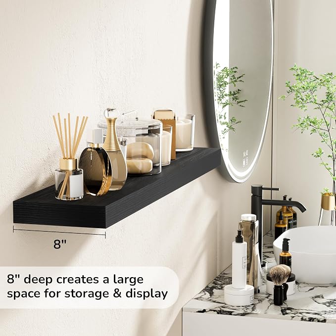 Fun Memories 36 Inch Floating Shelves - Deep Rustic Black Wooden Wall Shelves - Extra Deeper & Thicker Wall Mounted Storage Shelf for Bedroom, Kitchen, Farmhouse - 2 Pack, Rustic Black
