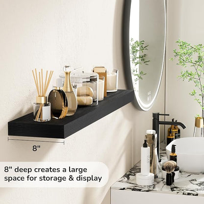 Fun Memories 36 Inch Floating Shelves - Deep Rustic Black Wooden Wall Shelves - Extra Deeper & Thicker Wall Mounted Storage Shelf for Bedroom, Kitchen, Farmhouse - 2 Pack, Rustic Black