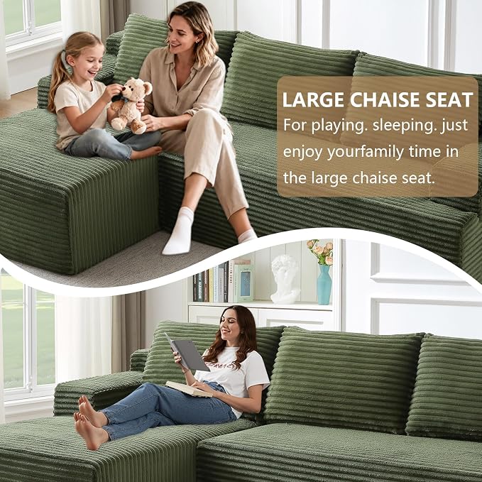 96.1" Modular Sectional Sofa Couches L-Shape Couch 3 Seat Modular Sofa Corduroy Memory Foam Sectional Boneless Couches for Living Room, Cloud Couch with Oversized Chaise(Green, Left Facing)