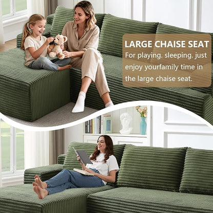 96.1" Modular Sectional Sofa Couches L-Shape Couch 3 Seat Modular Sofa Corduroy Memory Foam Sectional Boneless Couches for Living Room, Cloud Couch with Oversized Chaise(Green, Left Facing)