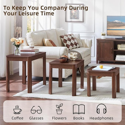 Joaxswe Farmhouse Nesting Tables Set of 3, Living Room Table Set with Rounded Corners & 4 Thickened Table Legs, Walnut