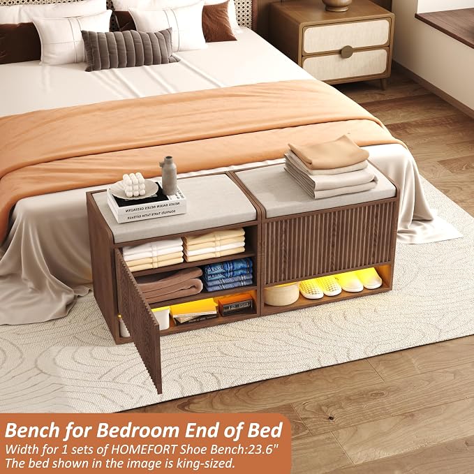 HOMEFORT 23.6" Fluted Shoe Storage Bench, Small Entryway Bench with Linen Seat Cushion, Shoe Cabinet Bench with Adjustable Shelf and Built-in LED Sensor Light, Bench for Bedroom End of Bed,Walnut