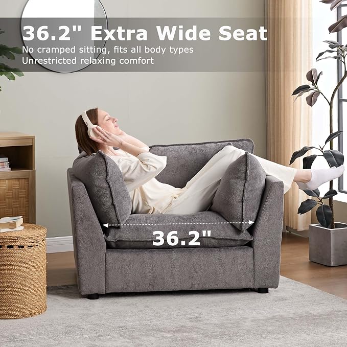 Iroomy Accent Chair, Plush Chenille Comfort Living Room Chair with Wide Seat, Modern Decorative Chair for Bedroom, Office, Reading Nook, Soft Cloud Chair Deep Seat, Grey | Premium Chenille