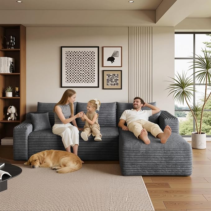 AUGOP 96" Sectional Couches for Living Room Modern Modular Sofa with L-Shape Couchs Upholstered Boneless Couch Deep Seat Sectional Couch with Chaise (Dark Grey, 96" Right Facing Chaise+2Seaters)