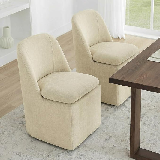 KISLOT Upholstered Dining Chairs Set of 2 with Casters, Modern Side Armless Deskchair with Washable Slipcover & Sturdy Metal Frame for Diningroom Bedroom Livingroom Reading Room, Sand Fabric