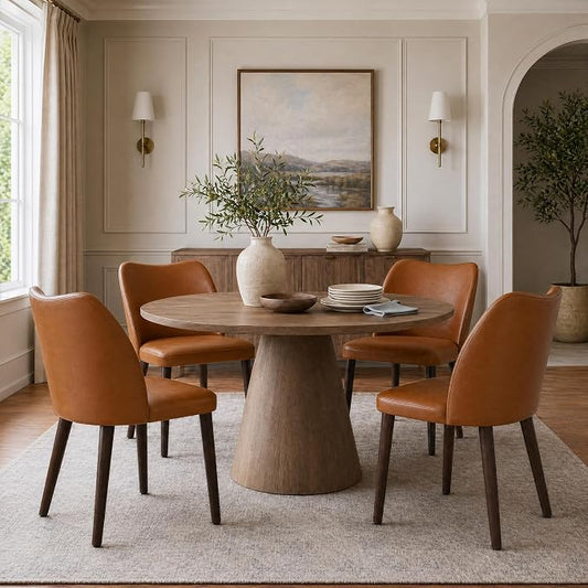 COLAMY Upholstered Dining Chairs Set of 4, Modern PU Leather Dining Room Kitchen Side Chair with Padded Seat and Wood Legs Restaurant/Cafe,Light Brown