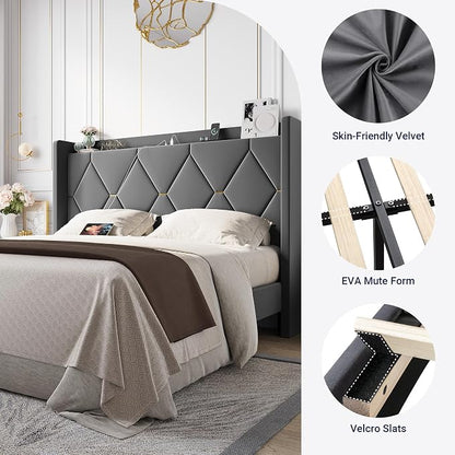 Allewie Velvet Full Size Upholstered Bed Frame with Wingback Storage Headboard & Charging Station, Platform Bed with Diamond Tufted Design & Gold Trim, No Box Spring Needed, Easy Assembly, Grey