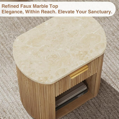 Fluted Marble Nightstand Set of 2, 23.6" Large Bedside Side Table with Drawer, Wood End Table with Storage, Curved Round Corner, Furniture Bedroom Sofa, Mid Century Modern,Oak, Marble