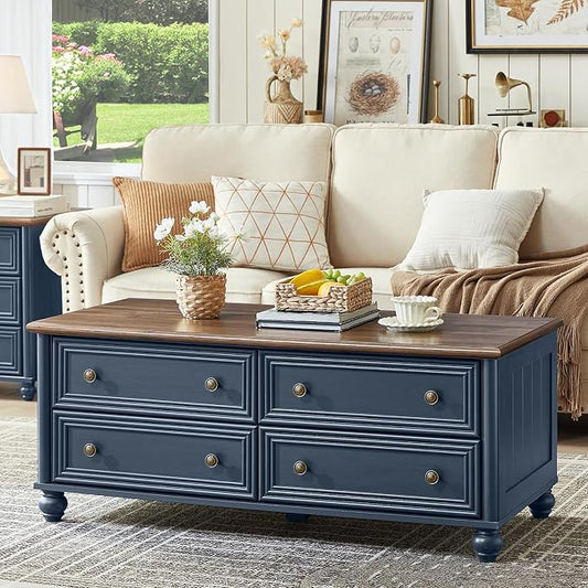 RWYHG 48" Farmhouse Coffee Table with Hidden Storage,Wooden Coffee Tables with 4 Drawers & Roman Column Handle,Rectangular Rustic Center Table with Solid Wood Curved Legs for Living Room,Office,Blue