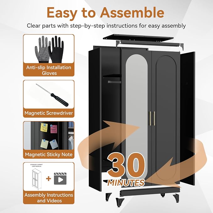 Polup Metal Armoire Wardrobe Closet with Mirror, 71" Tall Steel Clothing Storage Cabinet with Doors, Hanging Rod and Adjustable Shelves, Freestanding Clothes Organizer for Bedroom, Office, Black