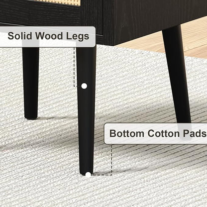MECHYIN Night Stand Set 2, Nightstands Set of 2 with Charging Station, Rattan Side Tables with Solid Wood Legs, Boho Bedside End Table for Apartment Bedroom Dorm Small Space