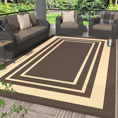 GENIMO 6' x 9' Outdoor Rug Waterproof for Patio Decor, Reversible Plastic Straw Area Rugs Mat for Camper, Outside Carpet for Rv, Deck, Porch, Picnic, Balcony, Mix-Coffee & Beige