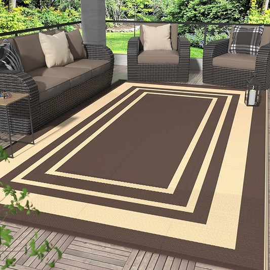 GENIMO 6' x 9' Outdoor Rug Waterproof for Patio Decor, Reversible Plastic Straw Area Rugs Mat for Camper, Outside Carpet for Rv, Deck, Porch, Picnic, Balcony, Mix-Coffee & Beige