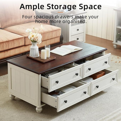 RWYHG 48" Farmhouse Coffee Table with Hidden Storage,Wooden Coffee Tables with 4 Drawers & Roman Column Handle,Rectangular Rustic Center Table with Solid Wood Curved Base for Living Room,Office,White