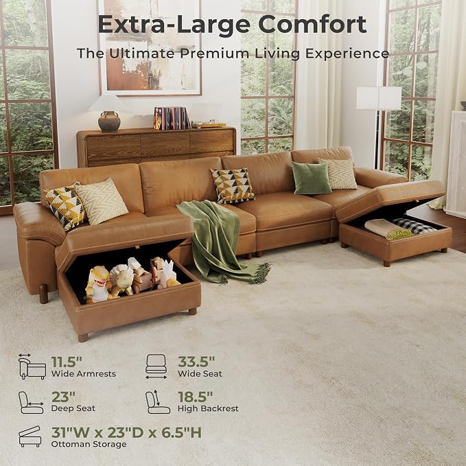 SITJOY Large Cloud Couch, 149" Wide 4 Seater U Shape, Faux Leather in Brown | Pet-Friendly Scratch-Resistant Leather Sectional Sofas for Living Room, Deep Seat Wide Couch with Chaise, Storage Ottoman