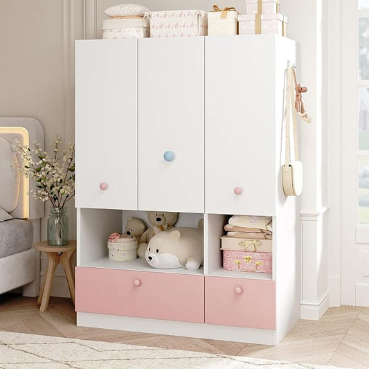 White Armoire Wardrobe Closet with Hanging Rod - Freestanding 3-Door Wooden Wardrobe Cabinet Closet for Bedroom & Dorm, Bedroom Armoires, Features Adjustable Shelves and Drawers for Toys & Clothes