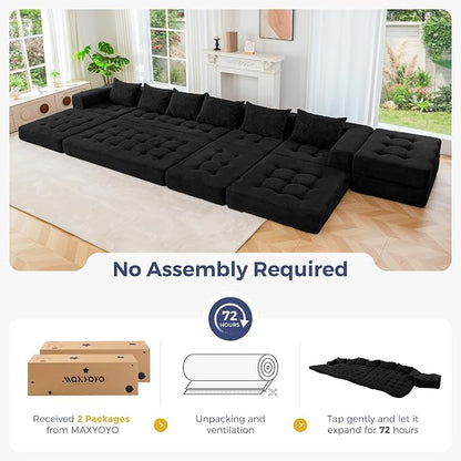 MAXYOYO Modular Sectional Sofa Couch, Foldable U Shaped Cloud Couch with Pillows, Tufted 7-Seat Boneless Lounger Floor Sofa Bed for Living Room, No Assembly Required, Black