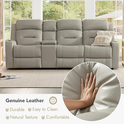 Watson & Whitely Genuine Leather Power Recliner Sofa, Lay Flat Reclining Sofa with Storage Console, Power Headrest & Cup Holders, 3 Seater Electric Reclining Couch for Living Room, Grey