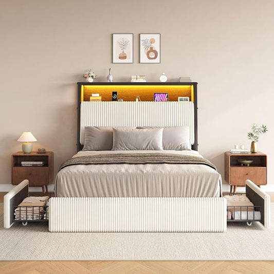 Upholstered Twin Corduroy Bed Frame with 2 Storage Drawers and Charging Station, LED Platform Bed with 3-Tier Storage Bookcase Headboard, Heavy Duty Metal Support, No Box Spring Needed - Beige