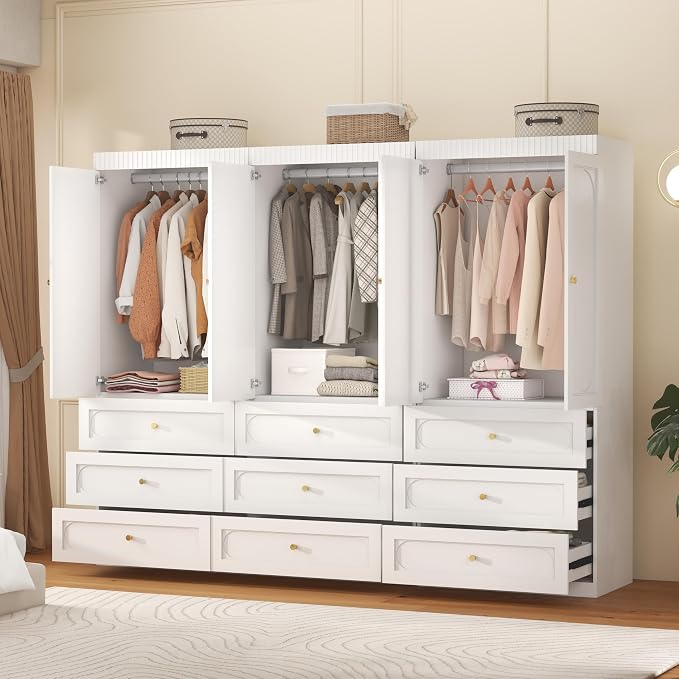 Wooden Wardrobe Closet with Doors: 75" Tall White Armoire Wardrobe Closet with 9 Drawers and 6 Doors, Modern Clothes Cabinets for Bedroom Armoires with Hanging Rod (9-Drawers, 94.5")