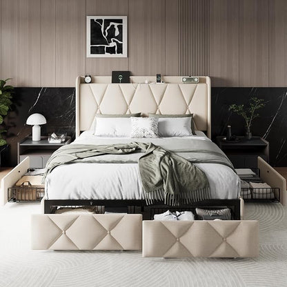 Einhomn Full Size Bed Frame with 4 Storage Drawers and Charging Station, Upholstered Platform Bed Frame with Storage Headboard, No Box Spring Needed, Easy Assembly, Beige