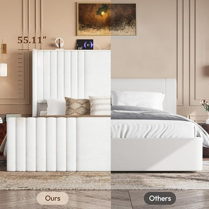King Size Bed Frame with 55.1" Tall Headboard, Velvet Upholstered Platform Bed with Channel Tufted Wingback, 2 Reading Lights/Storage Shelf/Charging Station/Easy Assembly/Noise-Free, Cream