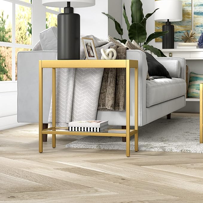 Henn&Hart 24" Wide Rectangular Rectangular Side Table in Brass, Table for Living Room, Bedroom | Two-tiered glass shelves with a metal frame, offering open display space for living rooms, offices, or bedrooms