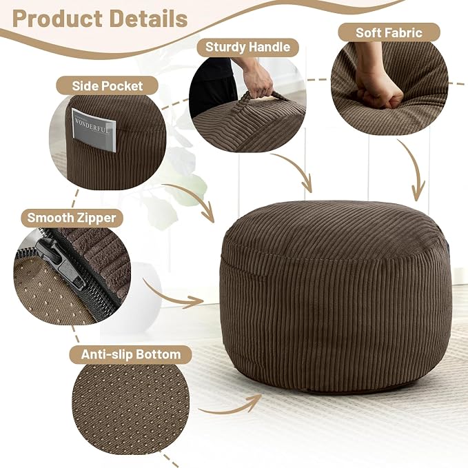Round Stuffed Pouf Ottoman,Corduroy Foot Rest with Rebound Foam Filled, Furry and Fluffy Foot Stool Ottoman, Floor Poufs for Living Room (Brown, 26" D x 26" W x 18" H)
