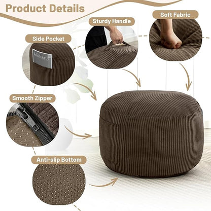 Round Stuffed Pouf Ottoman,Corduroy Foot Rest with Rebound Foam Filled, Furry and Fluffy Foot Stool Ottoman, Floor Poufs for Living Room (Brown, 26" D x 26" W x 18" H)
