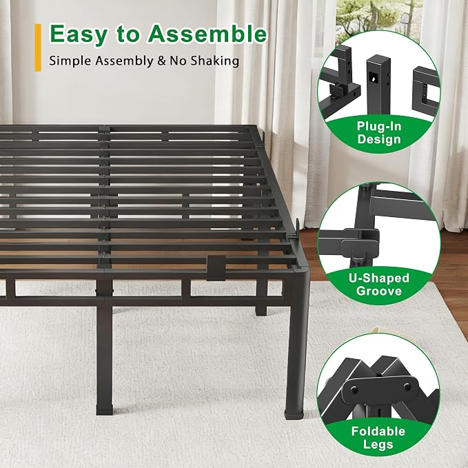 ROIL 22 Inch Queen Size Bed Frame, Metal Bed Frame & Box Spring 2 in 1 Platform with Round Corner Legs, 4000LBS Double Layer Bed Frame with Headboard Holes Mattress Baffles, Noise-Free Easy Assembly