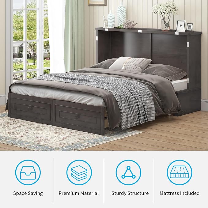 Mjkone Murphy Bed Cabinet, Queen Cabinet Wall Beds with Tri-Folding Mattress &USB Charging Station, Cabinets Beds w Storage Drawers for Guest Bedroom Apartment Home Office, Dark Grey